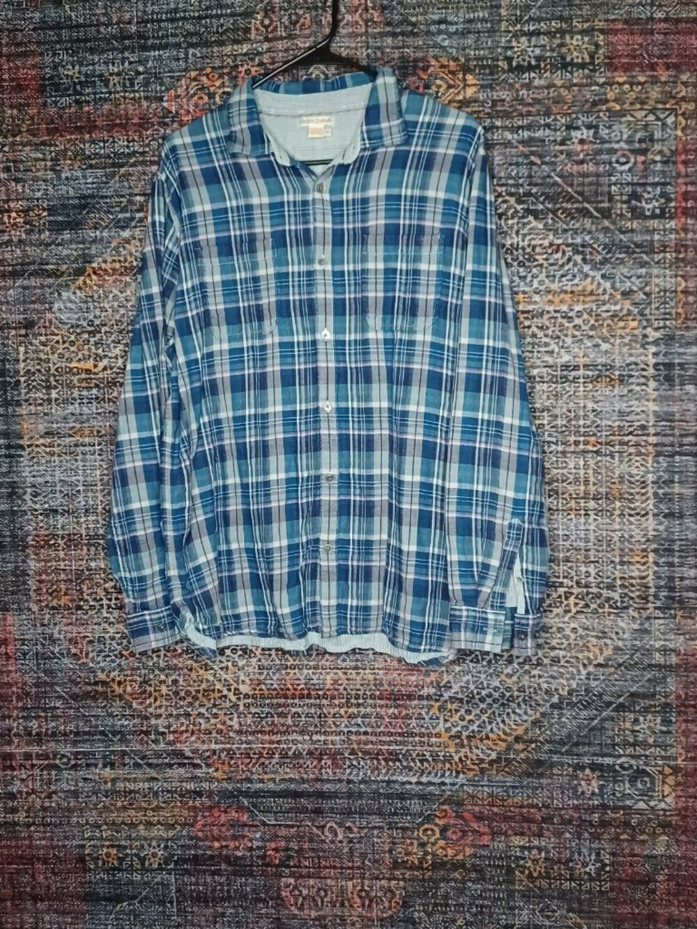 Carbon 2 Cobalt men blue teal purple plaid button down lined flannel shirt L EUC